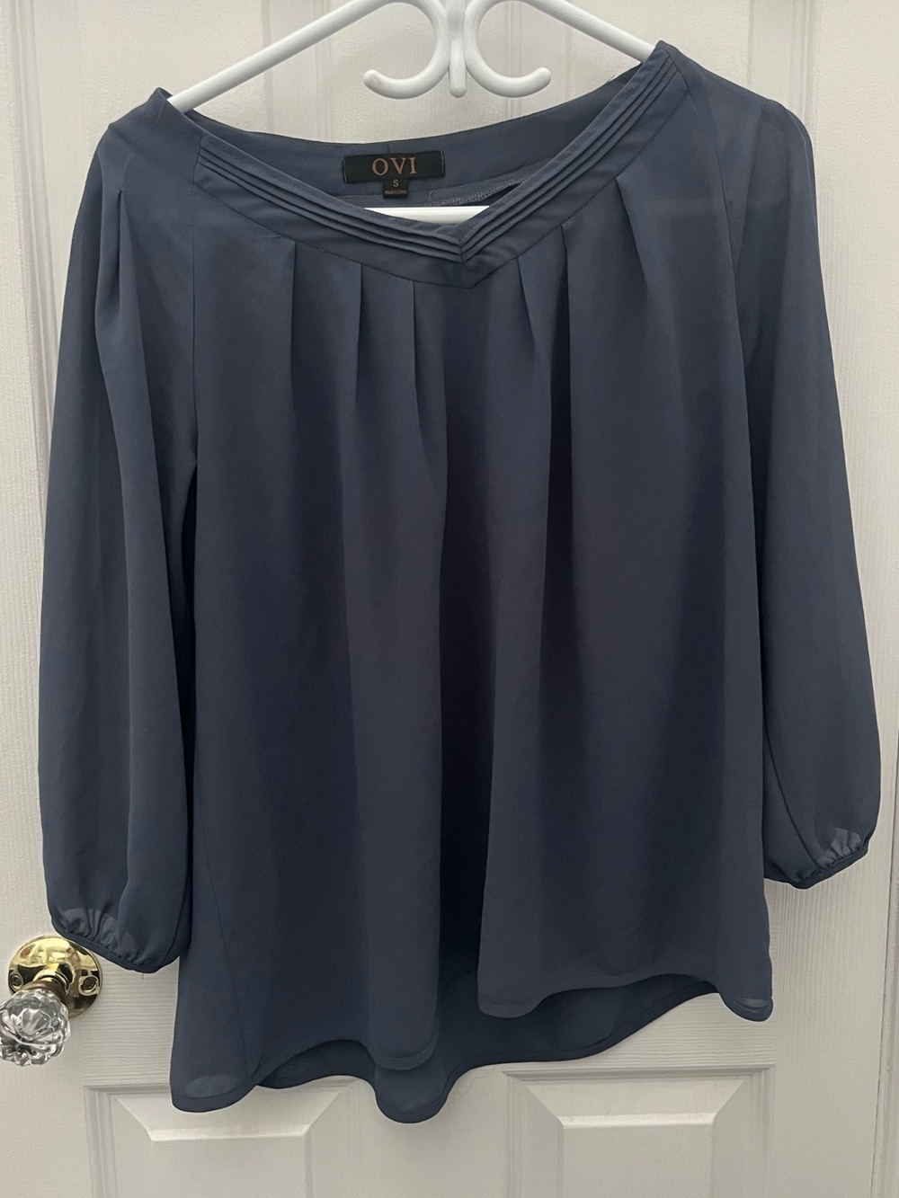 OVI Navy Pleated V-Neck Long Sleeve Blouse